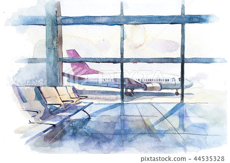 View from the terminal to the takeoff field with airplane. Airport hall interior. 44535328