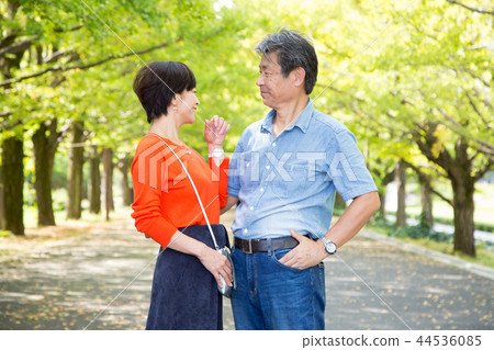Loving couple Autumn walk way Ginkgo lined senior couple 44536085