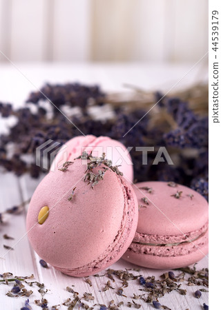 sweet lavender macaroons French with flowers lavender on white wooden background, 44539179
