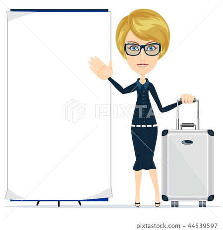 Young happy woman standing with suitcase and blank board Young happy woman standing with suitcase and blank board 44539597