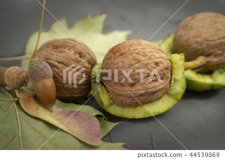 Fresh harvest of walnuts in a green shell and peel 44539869