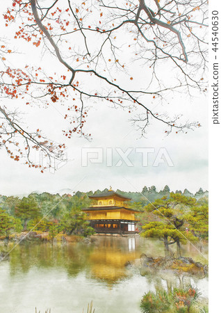 Kinkakuji水彩繪畫，秋葉在京都，日本 44540630