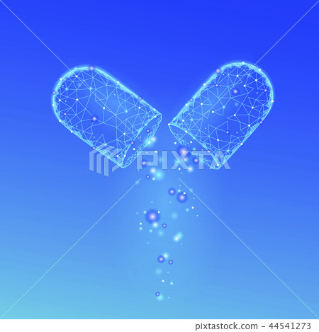 Opened drug capsule medicine business concept. Banner blue glowing medicament prebiotic probiotic 44541273