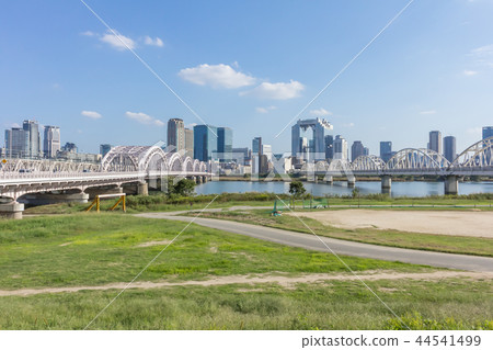 Umeda buildings, Kamogawa and the Thirteenth Ohashi bridge on the opposite bank viewed from the riverbed of the Kamogawa right bank 44541499