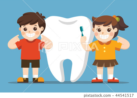 Smiling Kids standing next to big white tooth. Smiling Kids standing next to big white tooth. 44541517