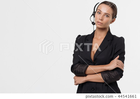 Lady with deep neckline and head microphone 44541661