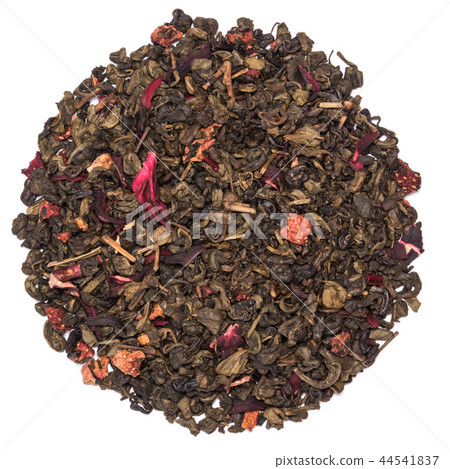 Mix of green tea with strawberry and hibiscus flowers on white background Mix of green tea with strawberry and hibiscus flowers on white background 44541837