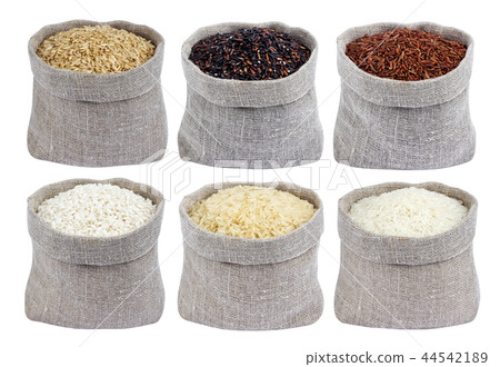 Different types of rice in bags isolated on white background. Collection Different types of rice in bags isolated on white background. Collection 44542189