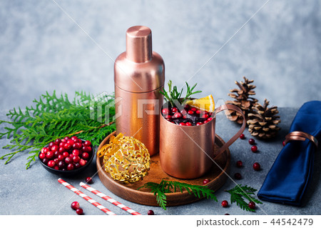 Moscow mule cocktail set, Christmas and New Year holiday drink. Copy space. Grey backround. 44542479