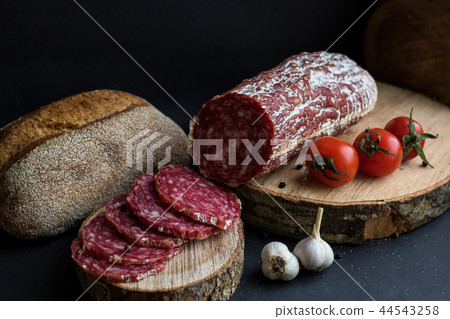 Sausage with bread and potatoes Sausage with bread and potatoes 44543258