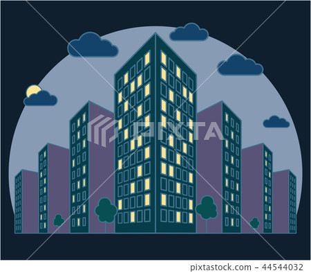 City landscape view at night, high buildings with - Stock Illustration ...