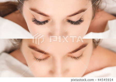Eyelash Extension. Comparison of female eyes before and after. 44545914