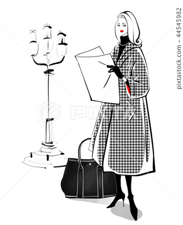 Streetlight and Woman Houndstooth Coat 44545982