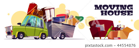 Moving house on car cartoon vector concept Moving house on car cartoon vector concept 44554876