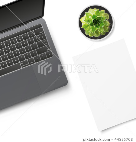 White office desk table with laptop, succulent  44555708