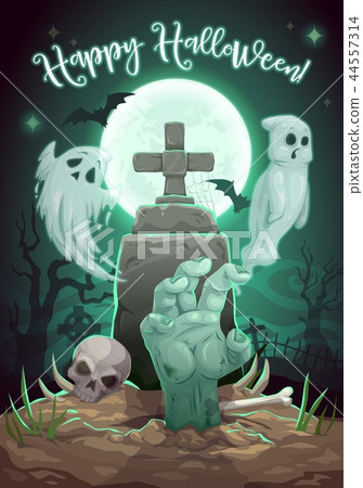 Halloween ghost monster, zombie hand on cemetery 44557314