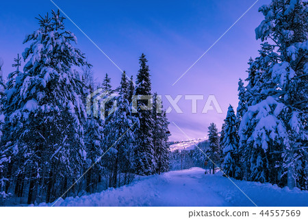 Sunset over Levi ski slope in Finnish Lapland 44557569