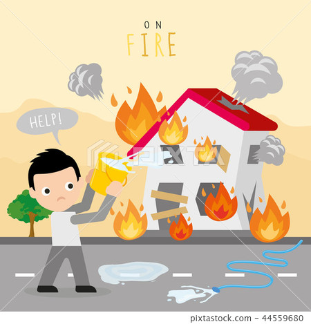 Fire Burn House Home Boy Danger Help Vector 44559680