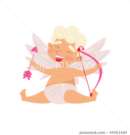 Laughing angel sitting isolated on white background. Baby boy with little wings, pink bow and arrow 44561484