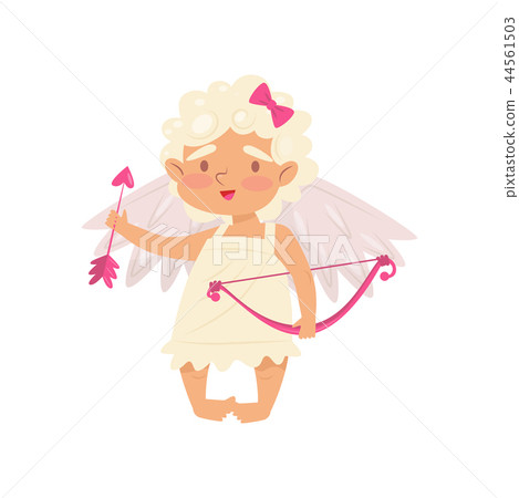 Lovely little girl standing and holding with pink bow and arrow in hands. Angel of love. Cupid with 44561503