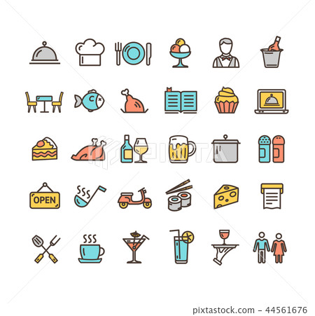 Restaurant Service Signs Color Thin Line Icon Set. Vector 44561676