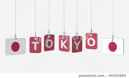 Hanging plates with flags of JAPAN and Tokyo caption. Conceptual 3D rendering Hanging plates with flags of JAPAN and Tokyo caption. Conceptual 3D rendering 44563869