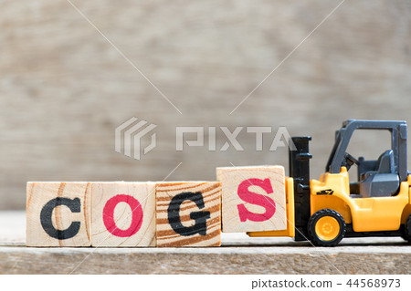 Toy forklift hold letter block S in word COGS 44568973
