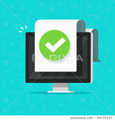 Computer with checkmark or tick notification on document vector icon, flat design pc with approved 44570357