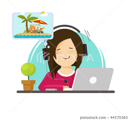 Girl working on computer and dreaming of resort travelling, flat cartoon person work on desktop pc 44570365