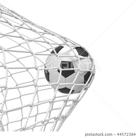 3d rendering of a football ball hitting the net inside the gate on white background. 44572384