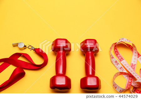 Womens fitness set. Flat lay. 44574029