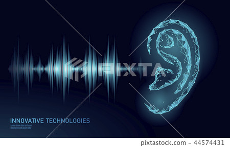 Sound recognition voice assistant low poly. Wireframe mesh polygonal 3D render ear sound radio wave Sound recognition voice assistant low poly. Wireframe mesh polygonal 3D render ear sound radio wave 44574431