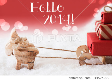 Reindeer With Sled, Red Background, Hello 2019 44575029