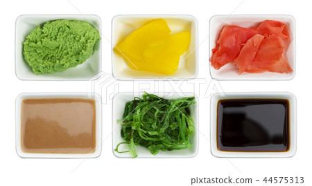 Soy sauce, wasabi, pickled ginger, chuka, sesame sauce and pickled radish 44575313