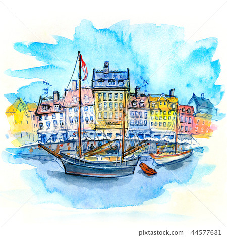 Watercolor sketch of Nyhavn, Copenhagen, Denmark. 44577681