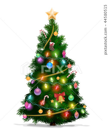 Christmas pine tree with star, lights and balls 44580515