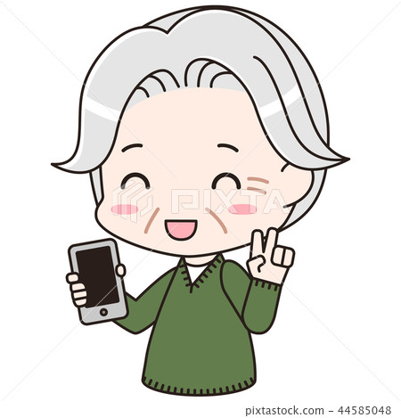 Senior man holding a smartphone and doing peace sign Senior man holding a smartphone and doing peace sign 44585048