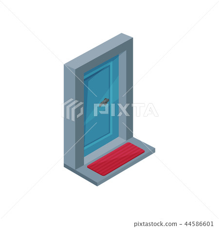 Isometric vector icon of blue wooden entrance door with metal handle. Small red doormat on doorstep 44586601