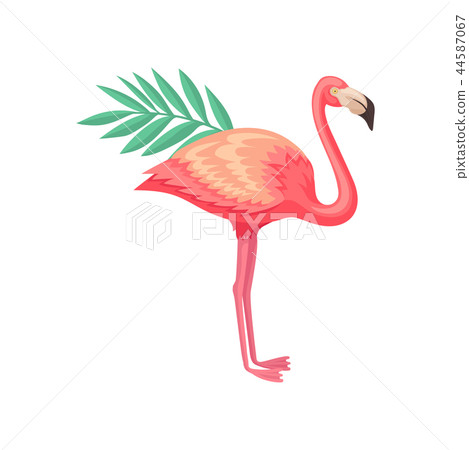 Bright illustration of flamingo with palm tree leaf. Exotic bird with scarlet plumage, long legs and 44587067