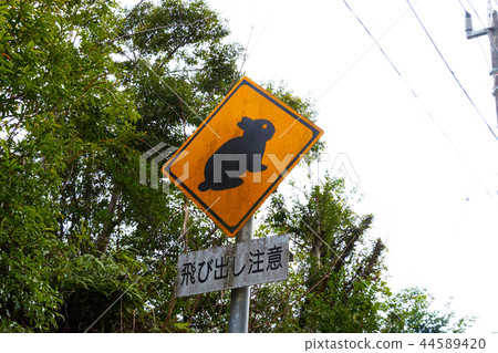 Amami Oshima black rabbit jumping out caution road sign in Kagoshima Prefecture 44589420