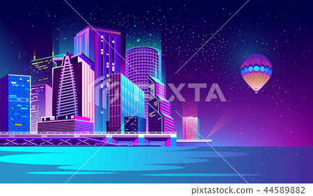 Vector background with night city in neon lights - Stock Illustration ...