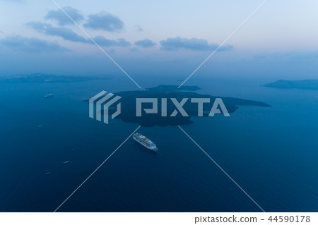 Aerial view of Nea Kameni island before sunrise. 44590178