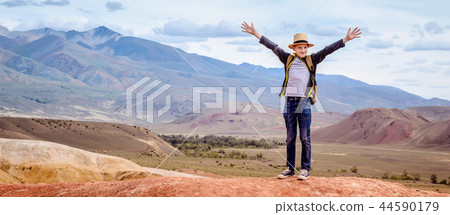 Happy traveler boy standing with raised arms Happy traveler boy standing with raised arms 44590179
