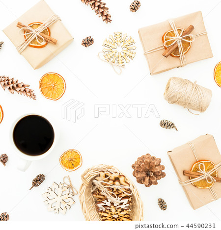 Christmas frame of decoration, gift box, coffee 44590231