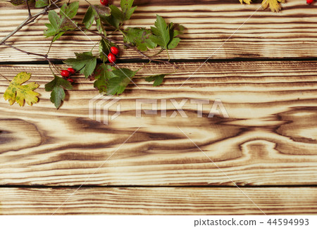 Autumn maple leaves on wooden background 44594993