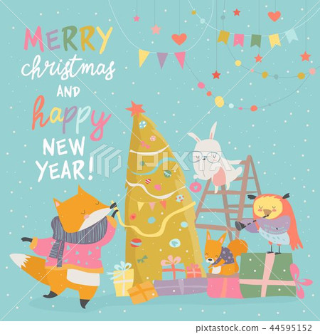 Cute Christmas greeting card with happy animals 44595152