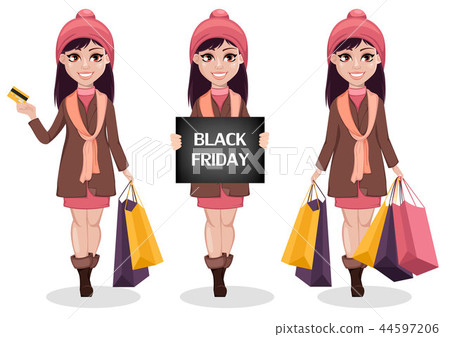 Black Friday. Beautiful girl, cartoon character 44597206