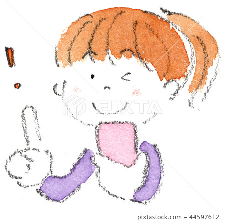 A woman holding a smartphone and raising her index finger to signal 44597612
