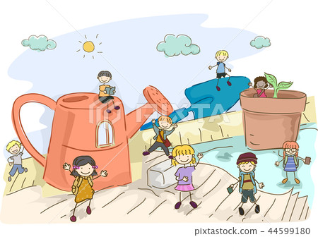 Stickman Kids Gardening Tools Explore Illustration 44599180