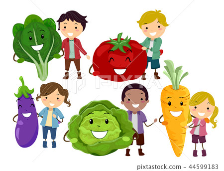 Stickman Kids Fruits Veggies Mascot Illustration Stickman Kids Fruits Veggies Mascot Illustration 44599183